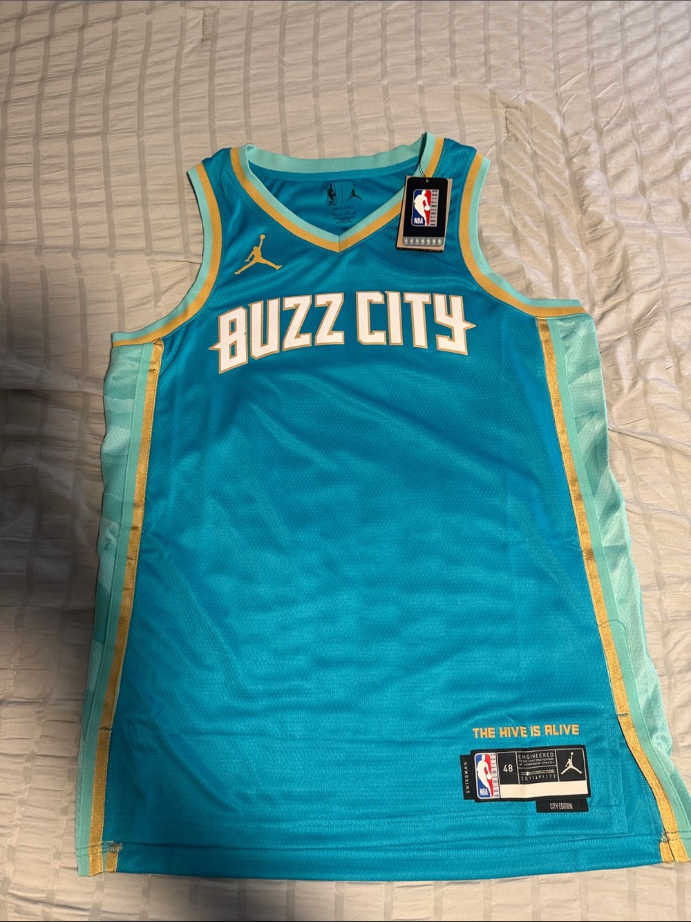 NBA Jordan Buzz City Teal and Gold Basketball Jersey